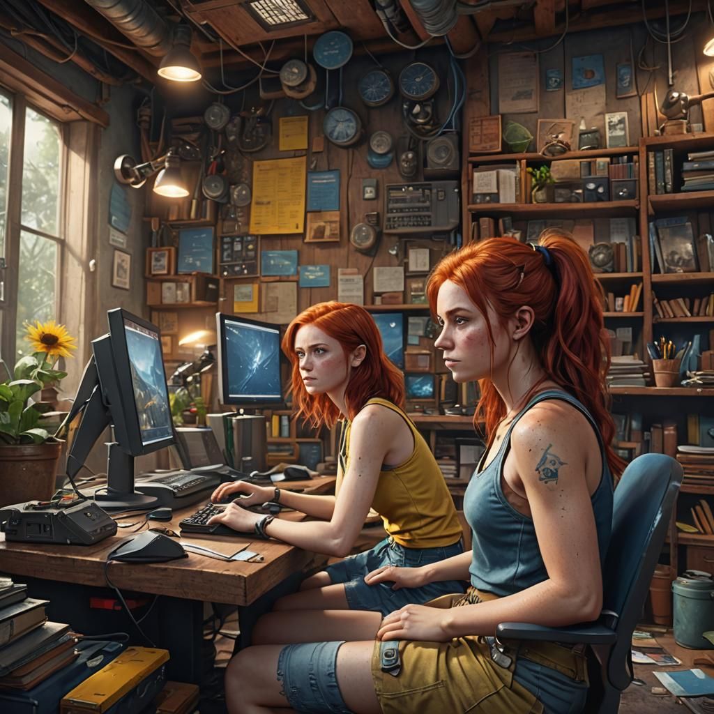Woman Typing at Computer in Detailed Matte Painting