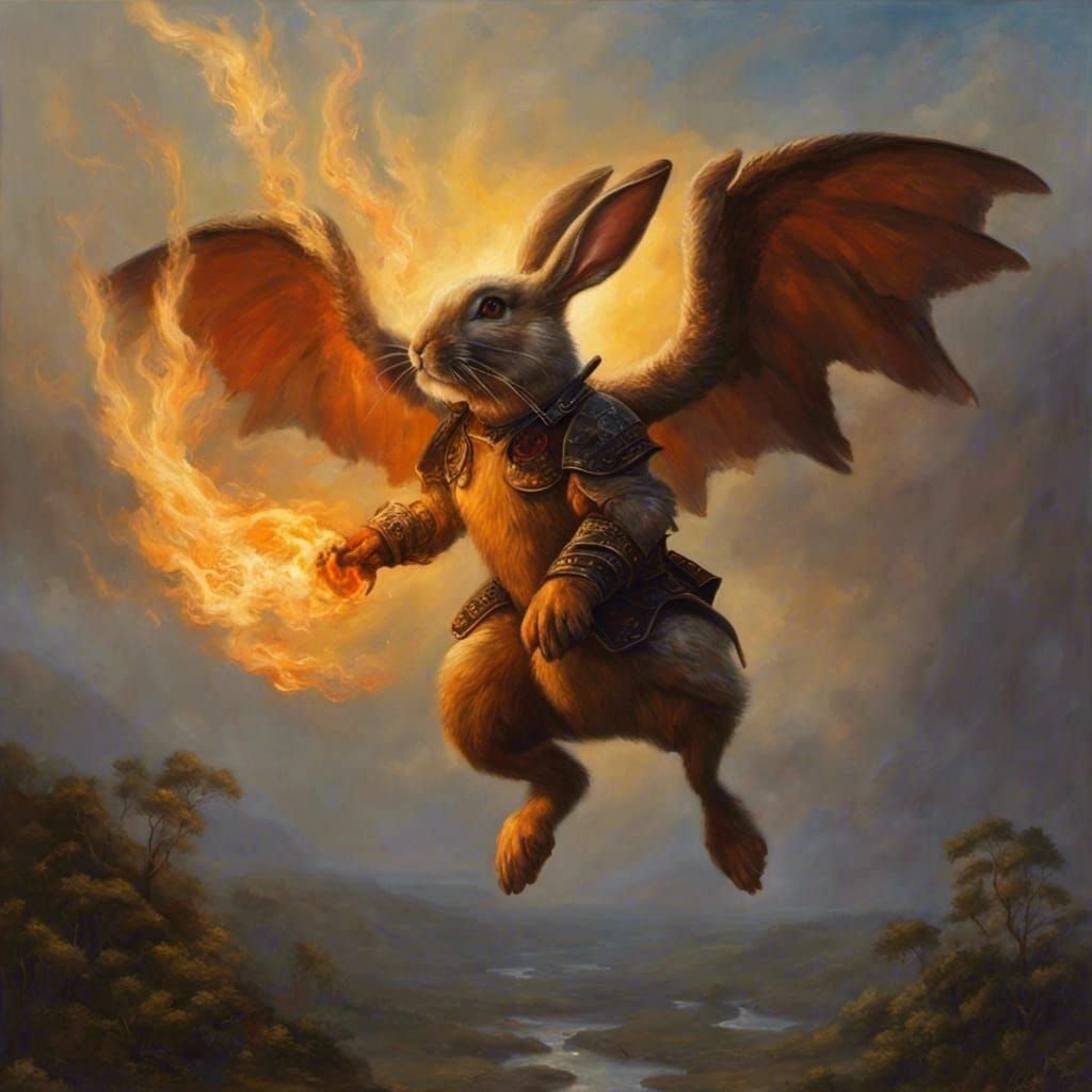 Fire-Breathing Winged Rabbit Oil Painting