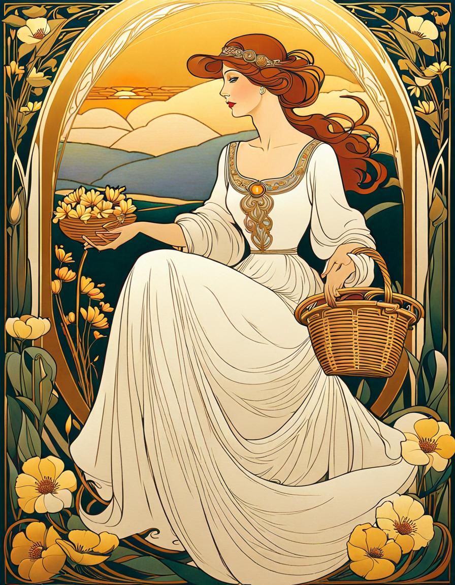 Art Nouveau Woman with Flowers in Brittany