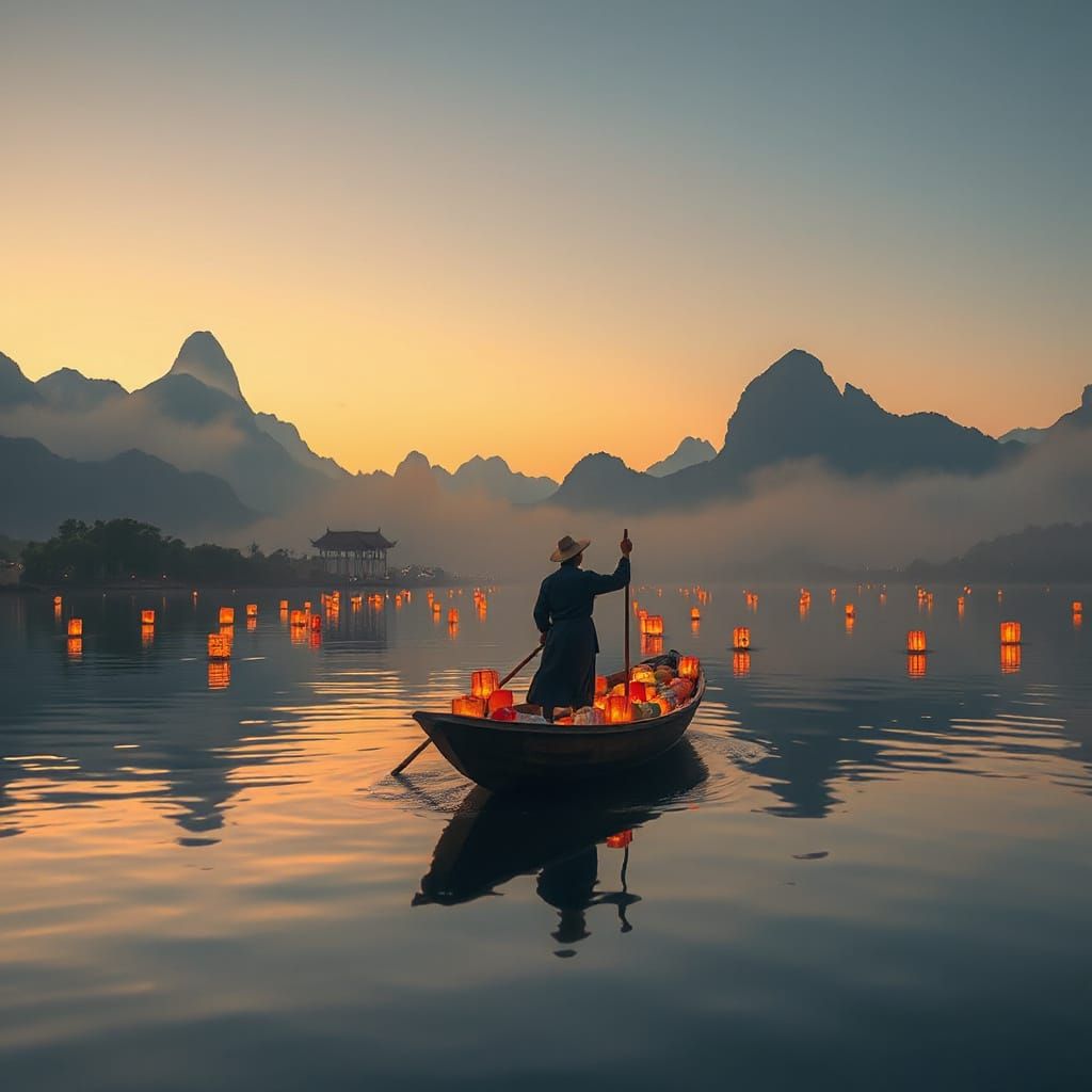 Magical Lantern Boat on Misty River at Dusk