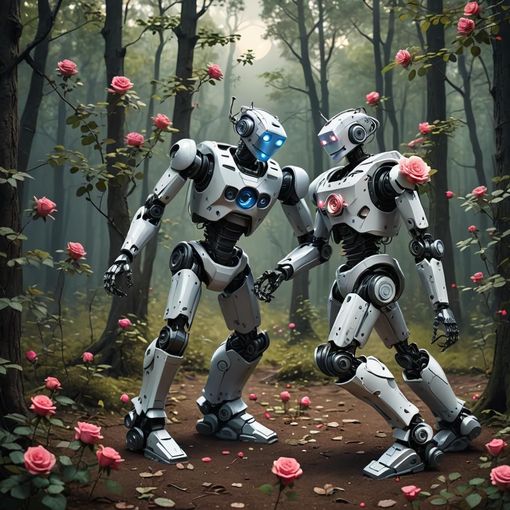 Robots Waltzing in Forest: Romantic Moonlight Scene