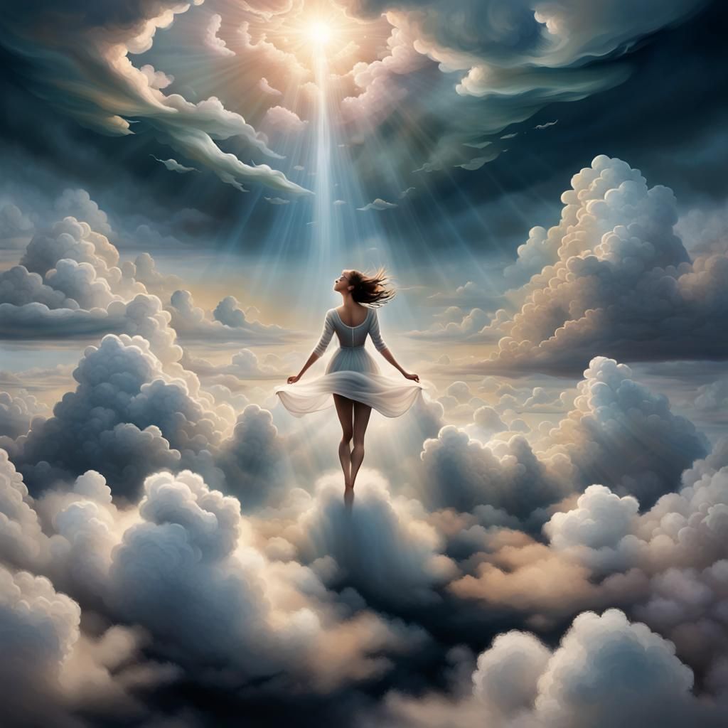 Serene Floating Figure Amidst Cosmic Clouds