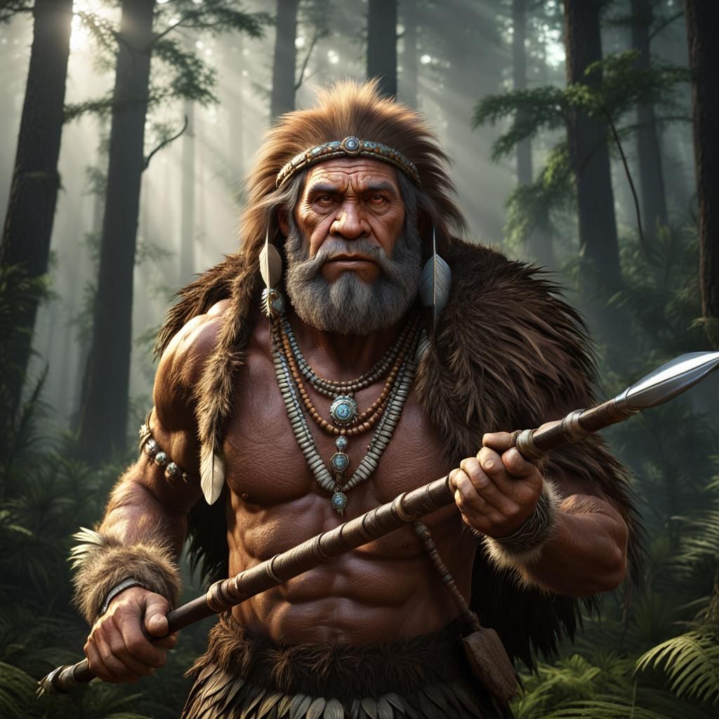 Photorealistic Neanderthal with Spear in Forest