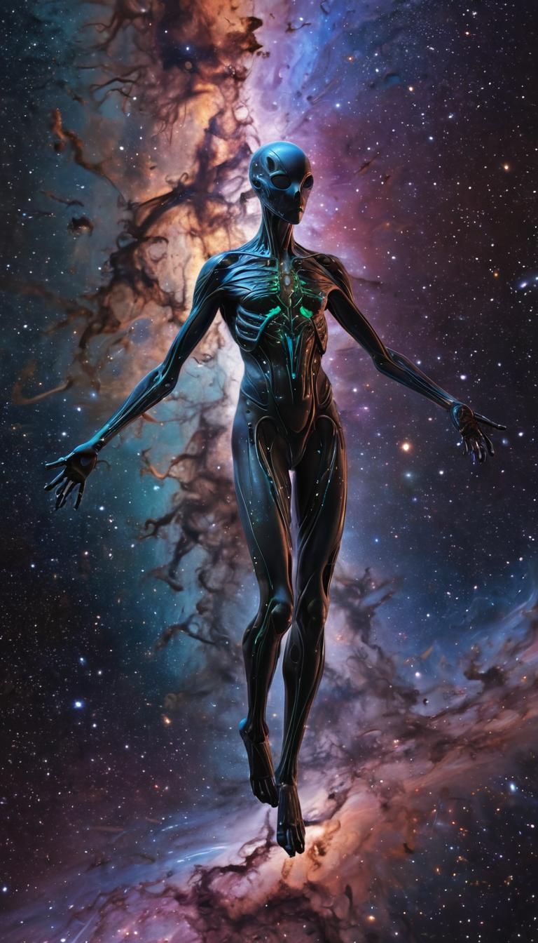 Visualize a cosmic alien known as Astralynx, whose body glimmers with star-like patterns and cosmic colors. It has elong...