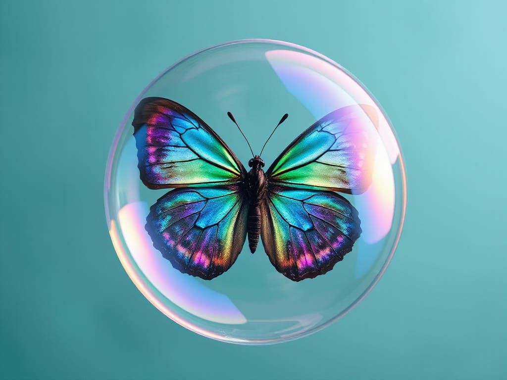 Iridescent Butterfly Encased in Bubble, Photorealistic Style