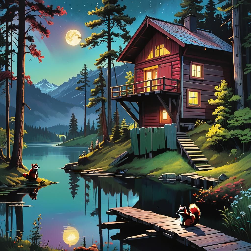 Whimsical Cabin Scene under a Vibrant Bilious Moon