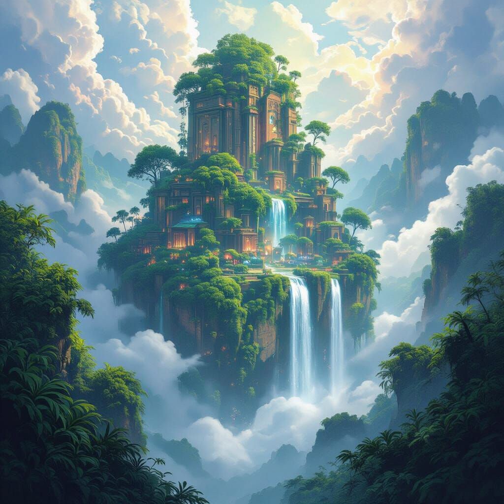 Bioluminescent Jungle on Floating Sky-City Ruins