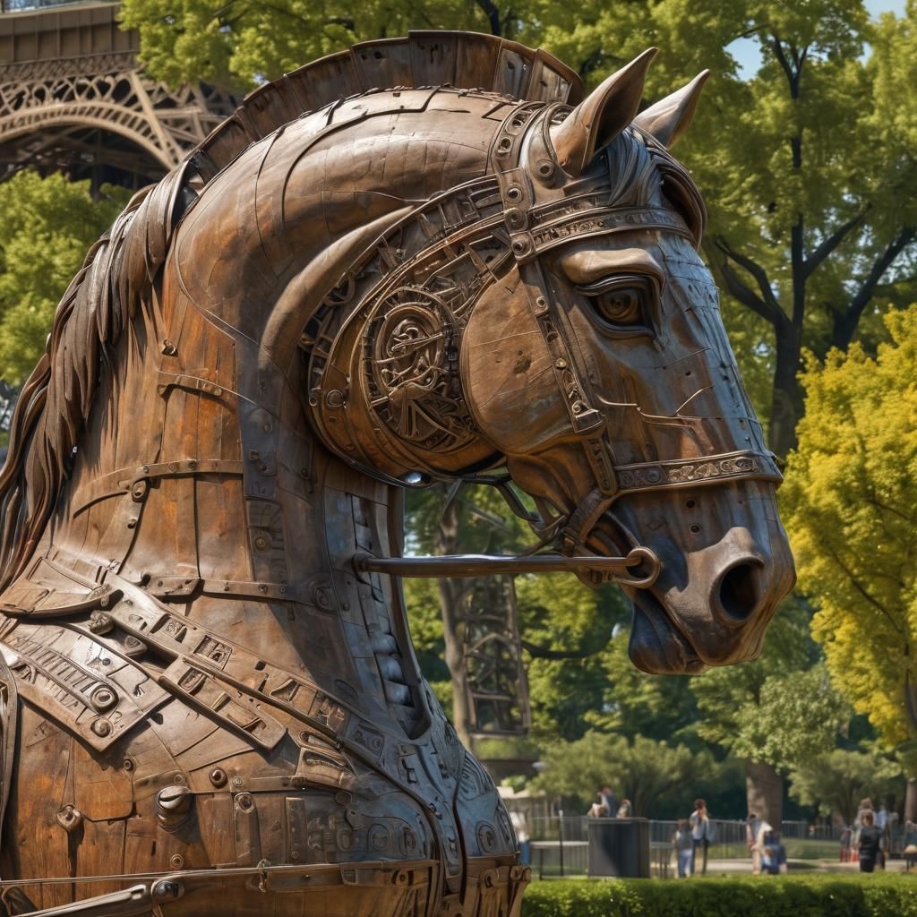 Trojan Horse at the Eiffel Tower: Photorealistic Image