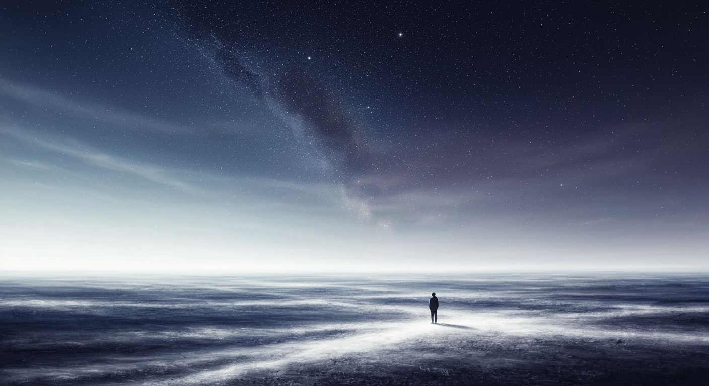 Lone Figure on Windswept Plain Under Starry Sky