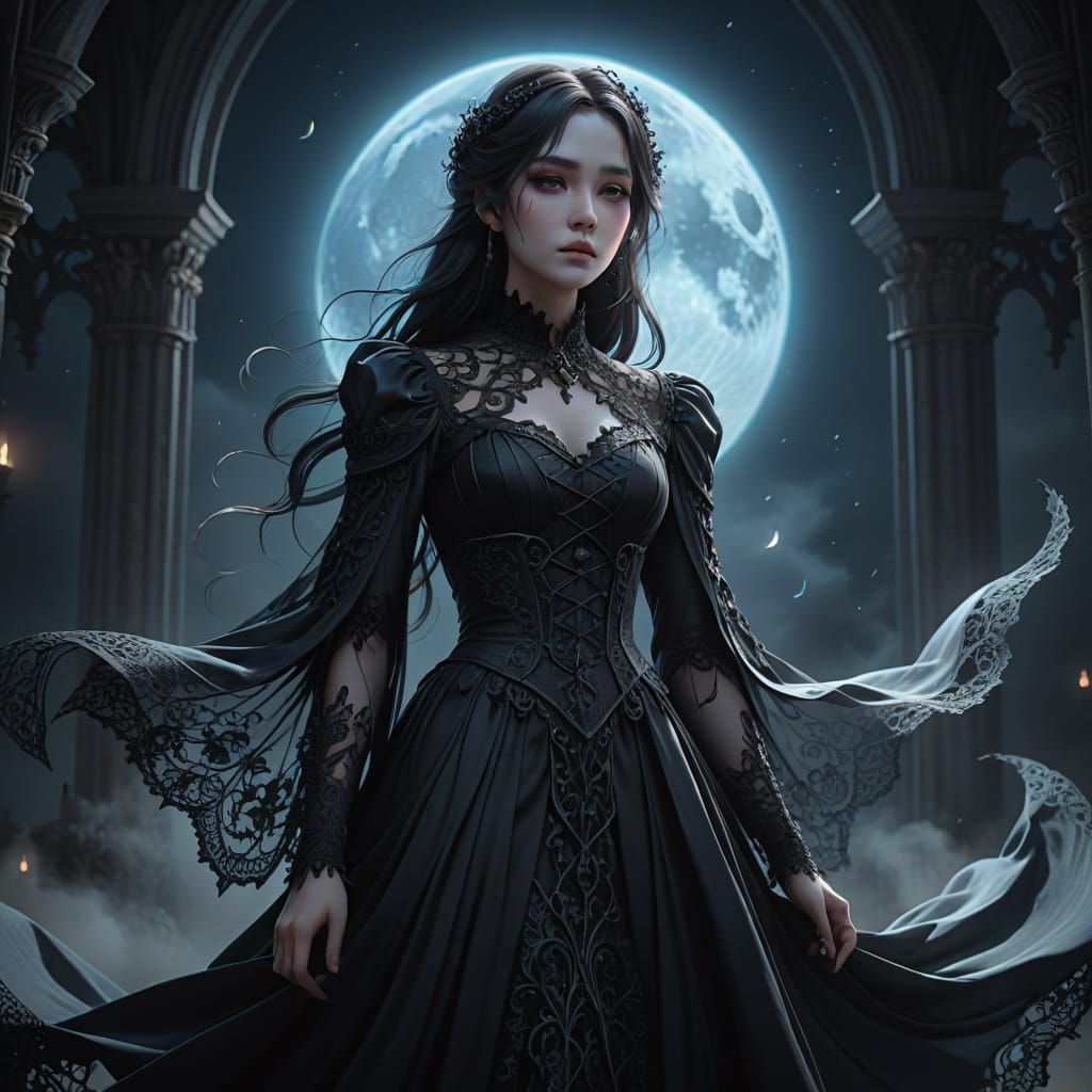 Ethereal Gothic Beauty Under Full Moon's Glow