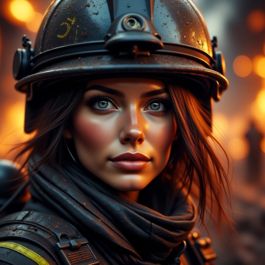 Dramatic Close-up of Woman Firefighter in Hyperrealism Style