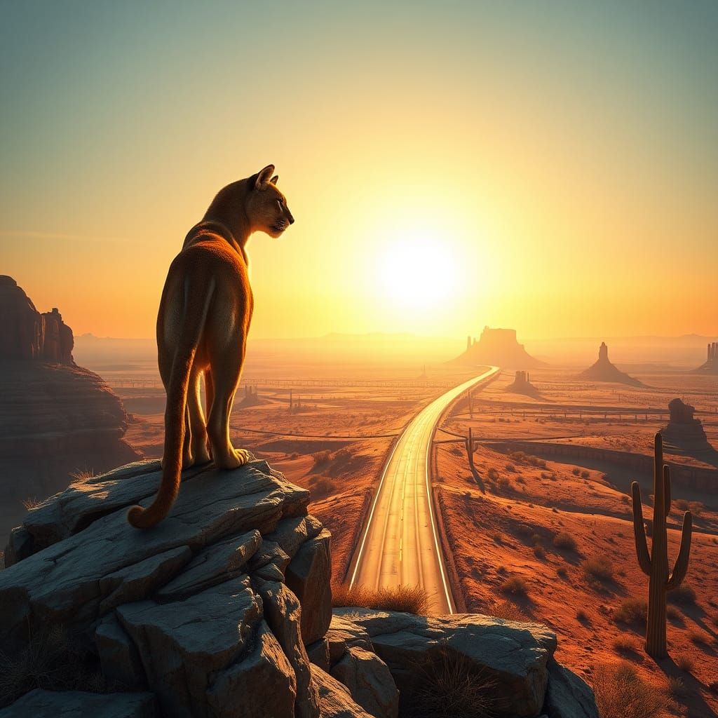 Mountain Lion Overlooking Desert Highway: Photorealistic Dig...