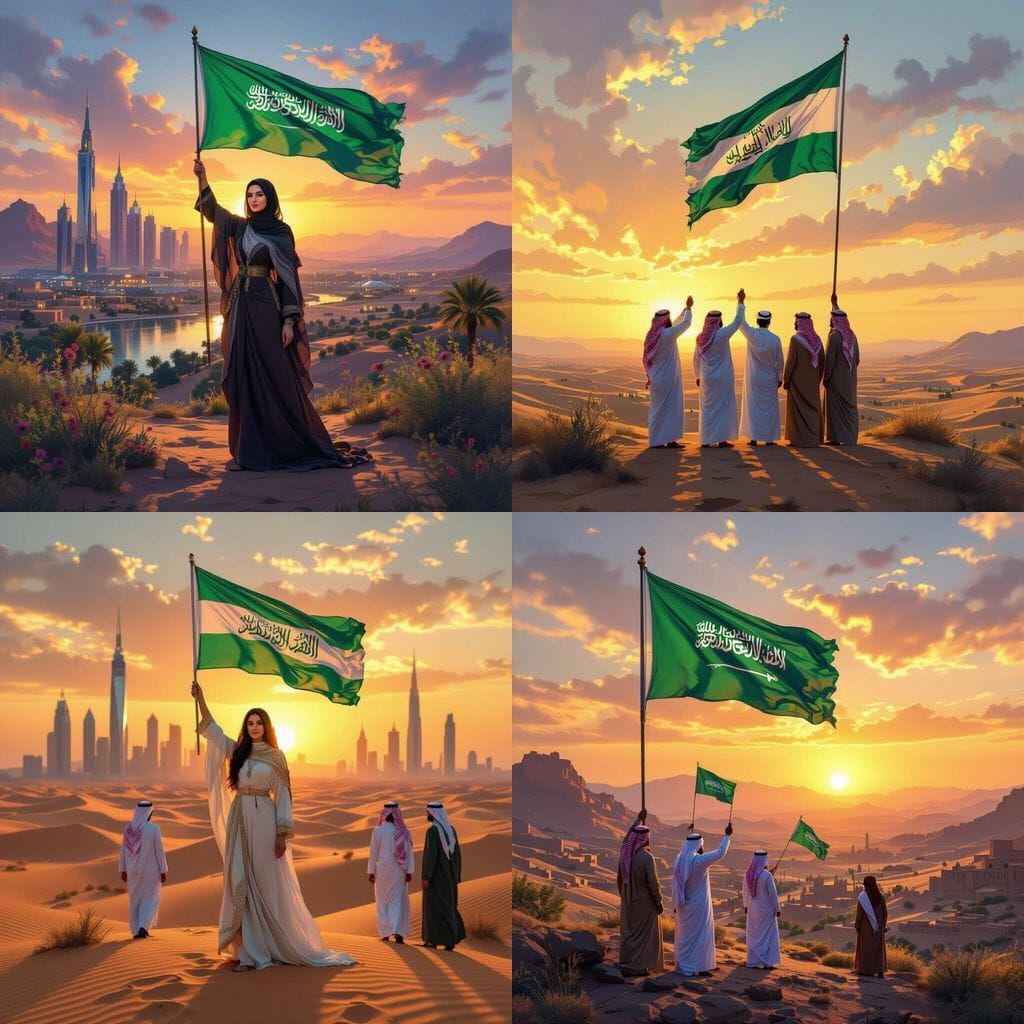 Saudi Arabia Flag Raised by Men Amidst Thriving Landscape