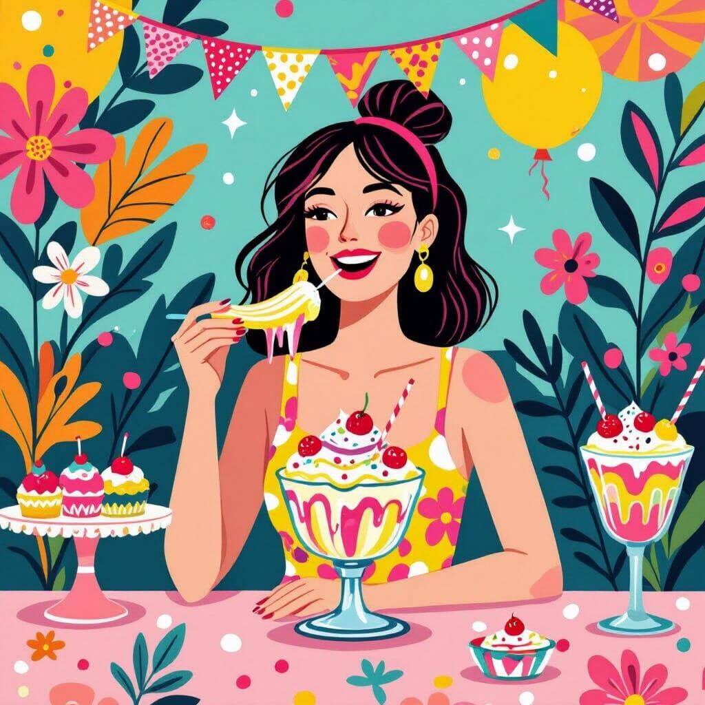 Colorful Banana Split Dessert Table with Whimsical Illustrat...