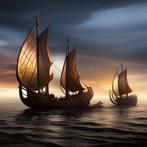 Detailed Viking Longships in Fantasy Landscape