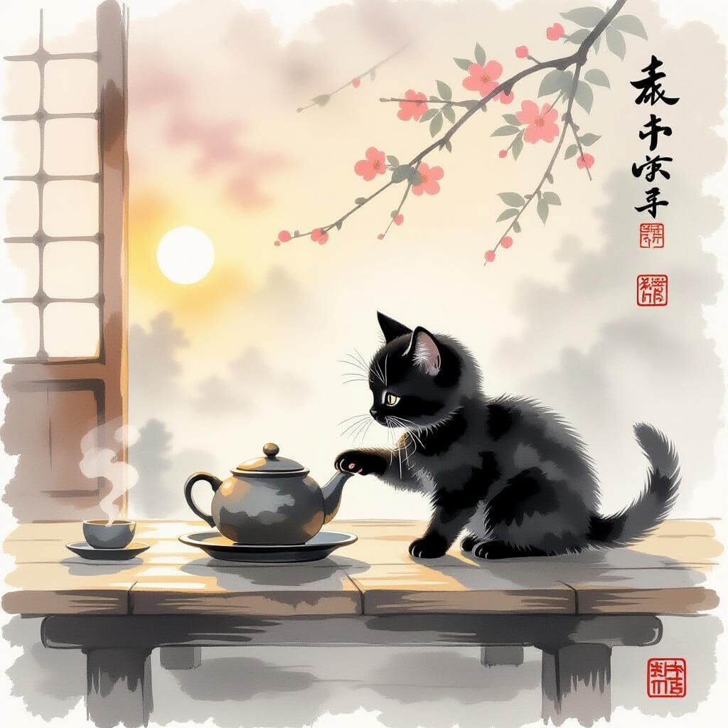 Kitten's Tea Ceremony in Hazy Pastel Home