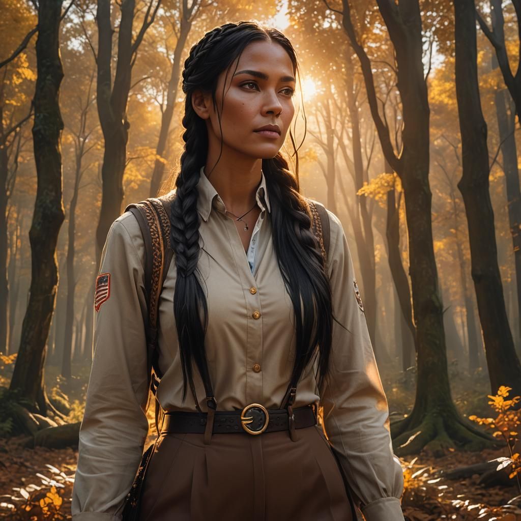 American Social Worker in Autumn Forest, Hyperrealistic