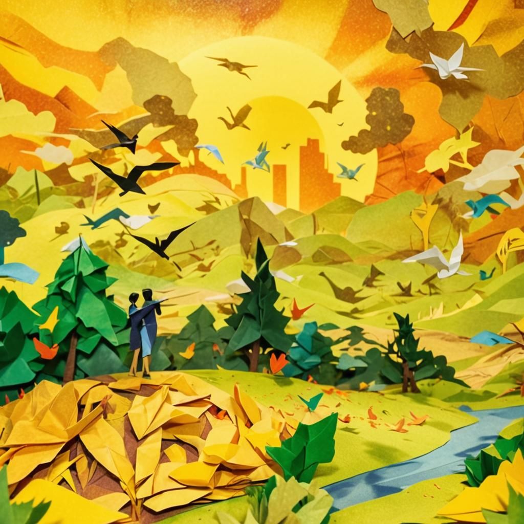 Vibrant Origami Papercraft Landscape with Swirling Sun and B...