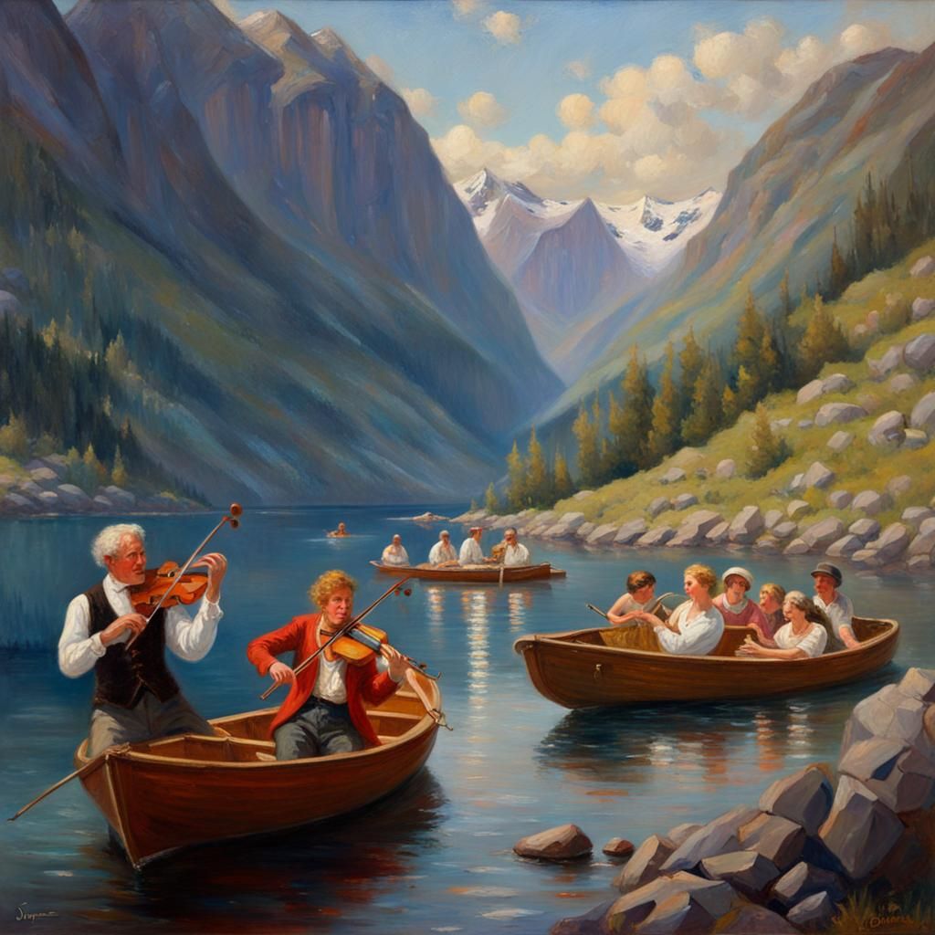 Fjord Concert: Elegant Violinist in Oil Painting
