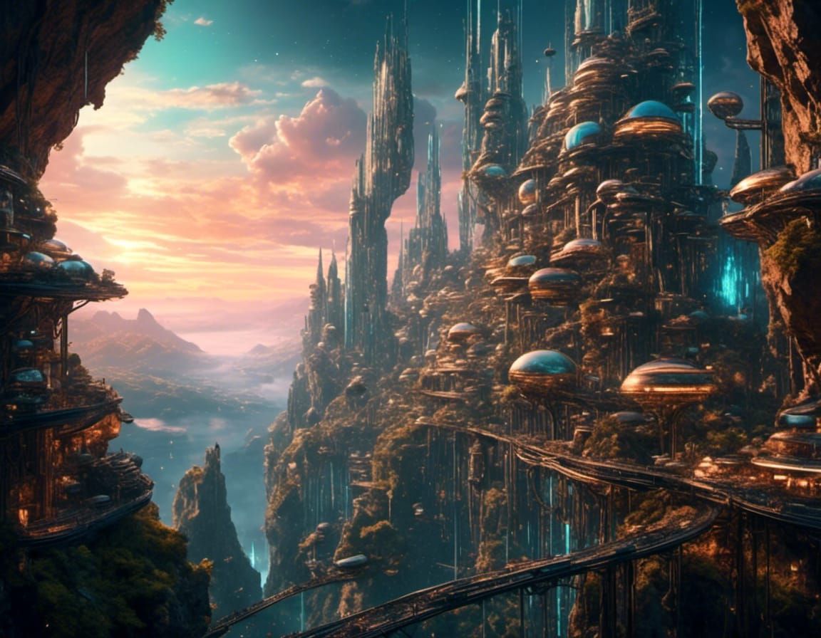 Futuristic Utopian City on Cliffside at Magic Hour