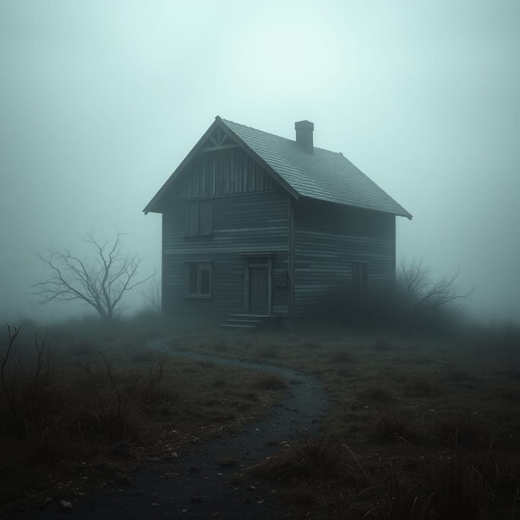 Solitary House in Mist: A Beksiński-Inspired Landscape