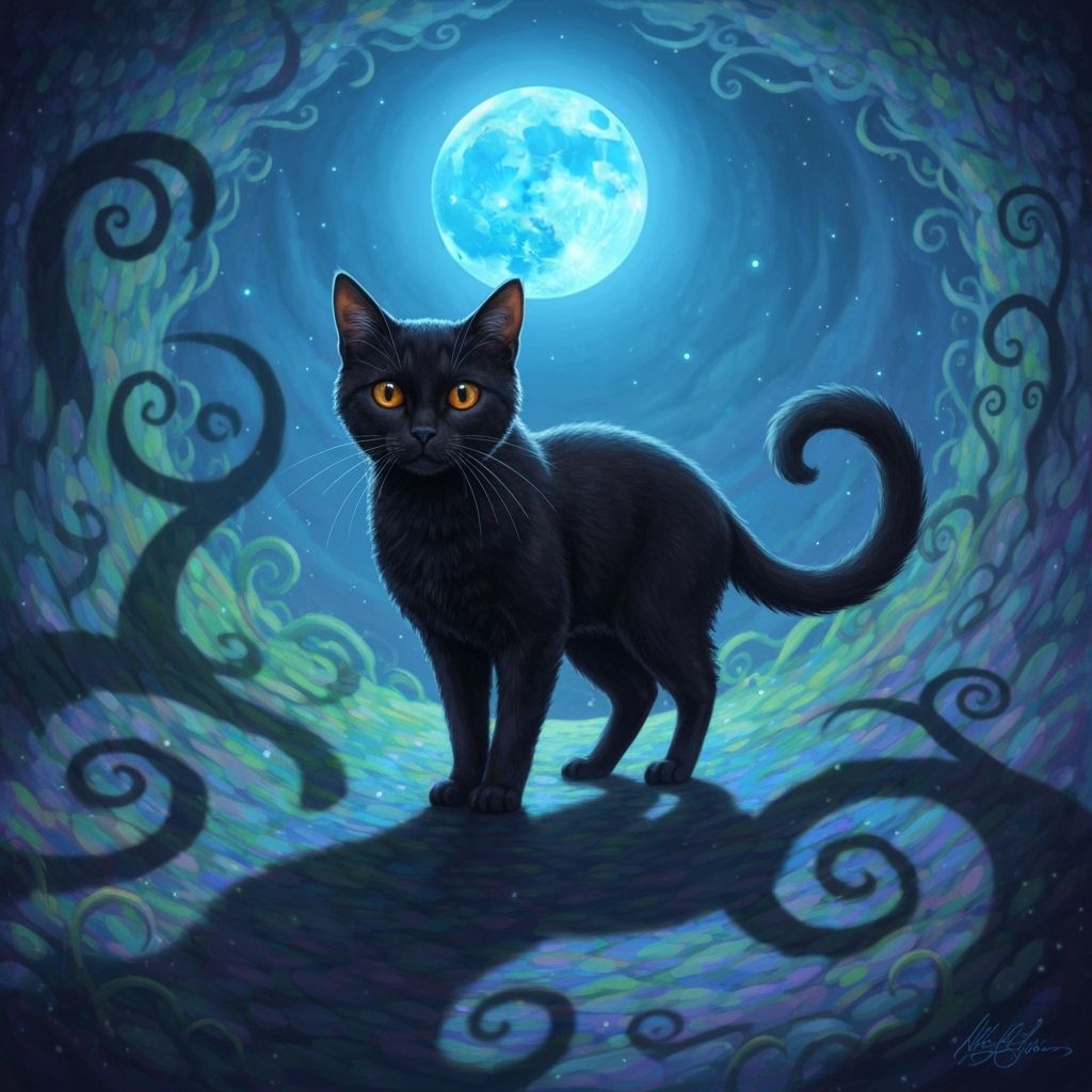 Black Cat Under Blue Moon in Digital Art Style