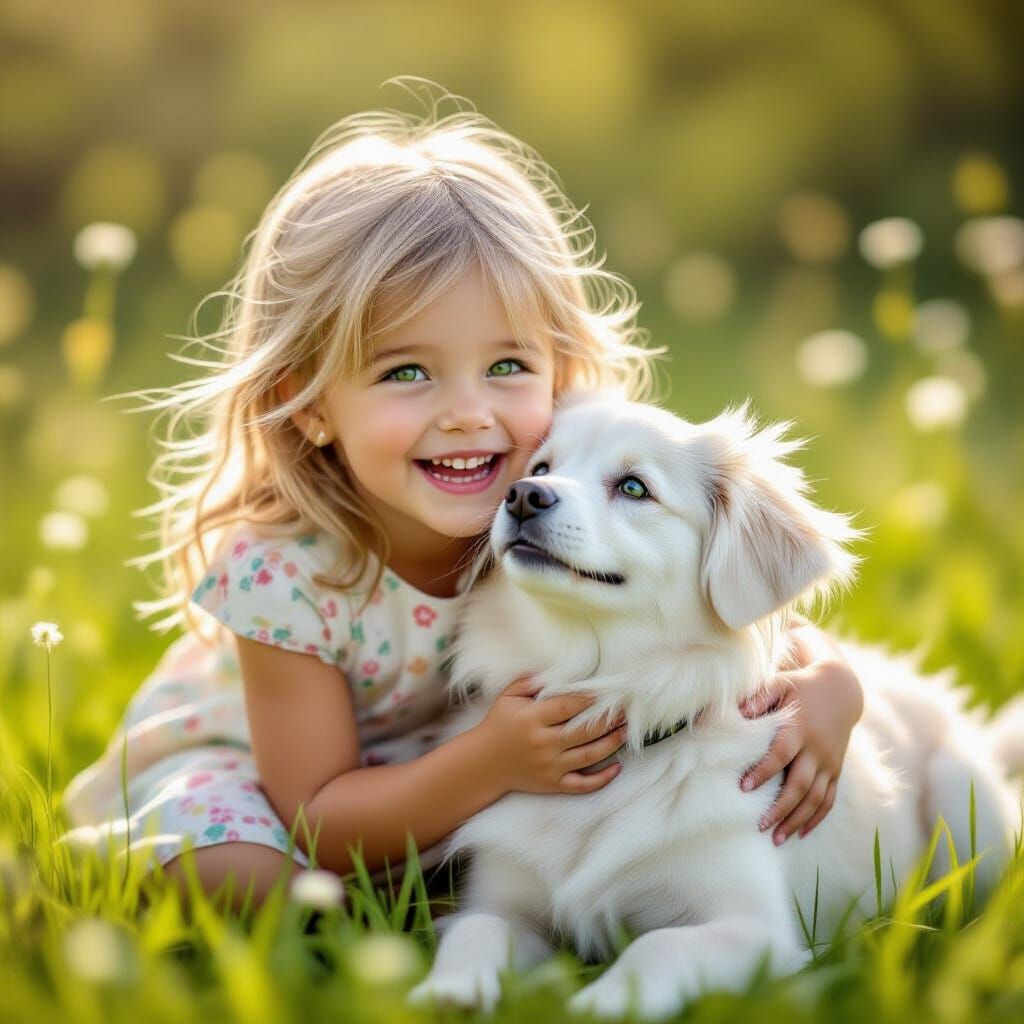 Girl and Dog Play in Sunny Meadow, Realistic Style