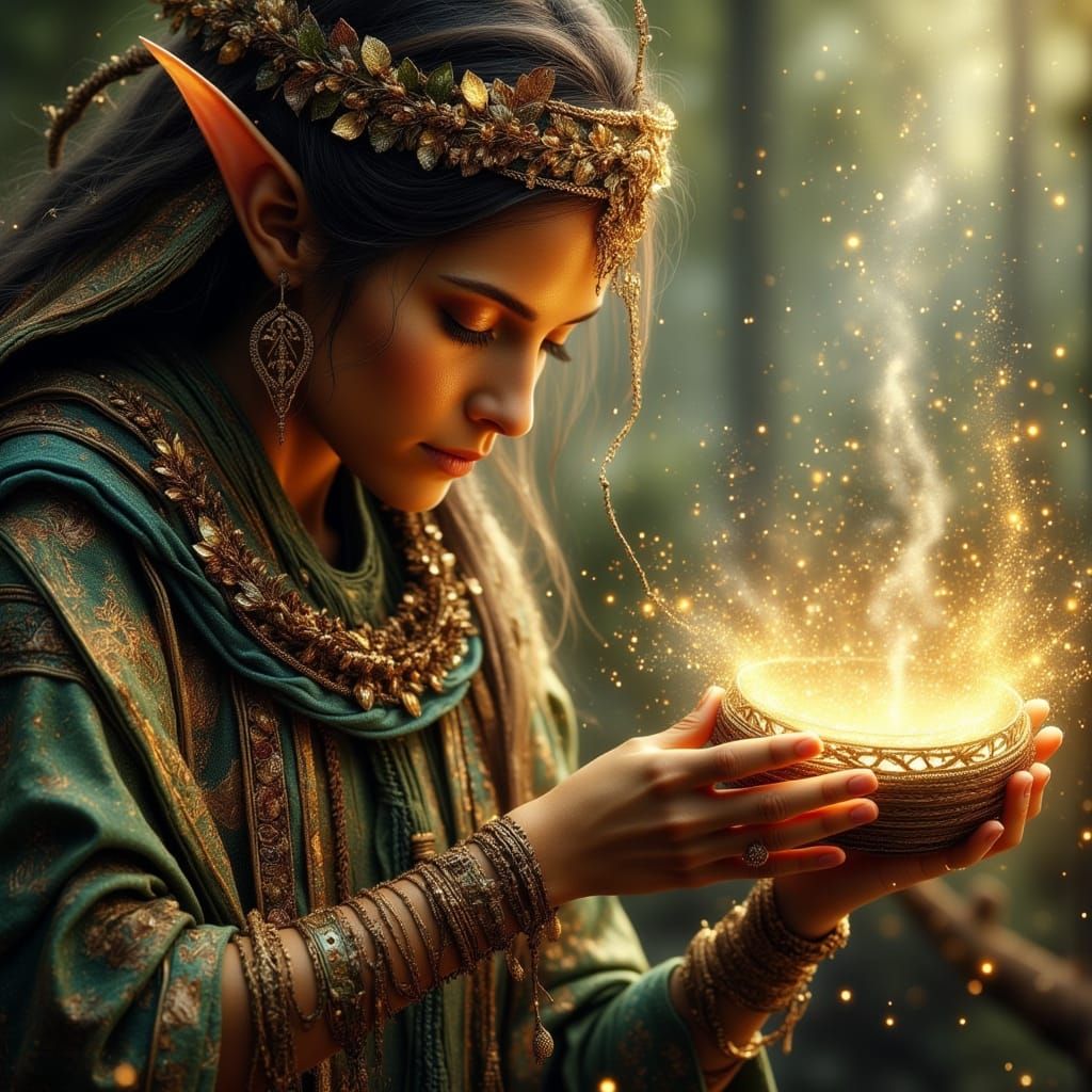 Elven Artisan Weaving Magic Baskets in Ethereal Style