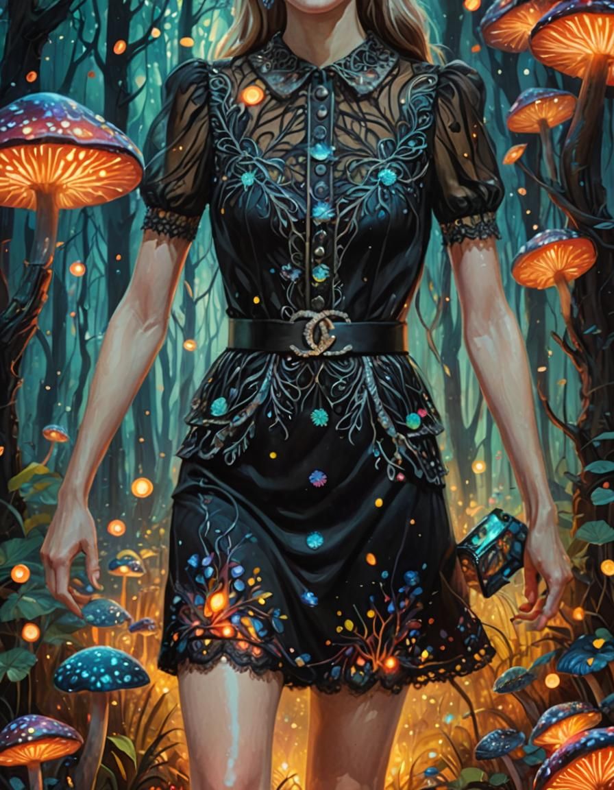 Woman in Black Dress in Mystical Forest, Oil Painting