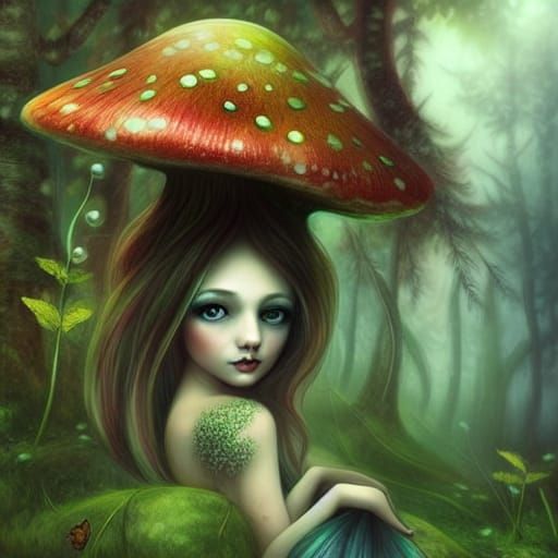 Fairy in Mushroom Forest, Fantasy Illustration