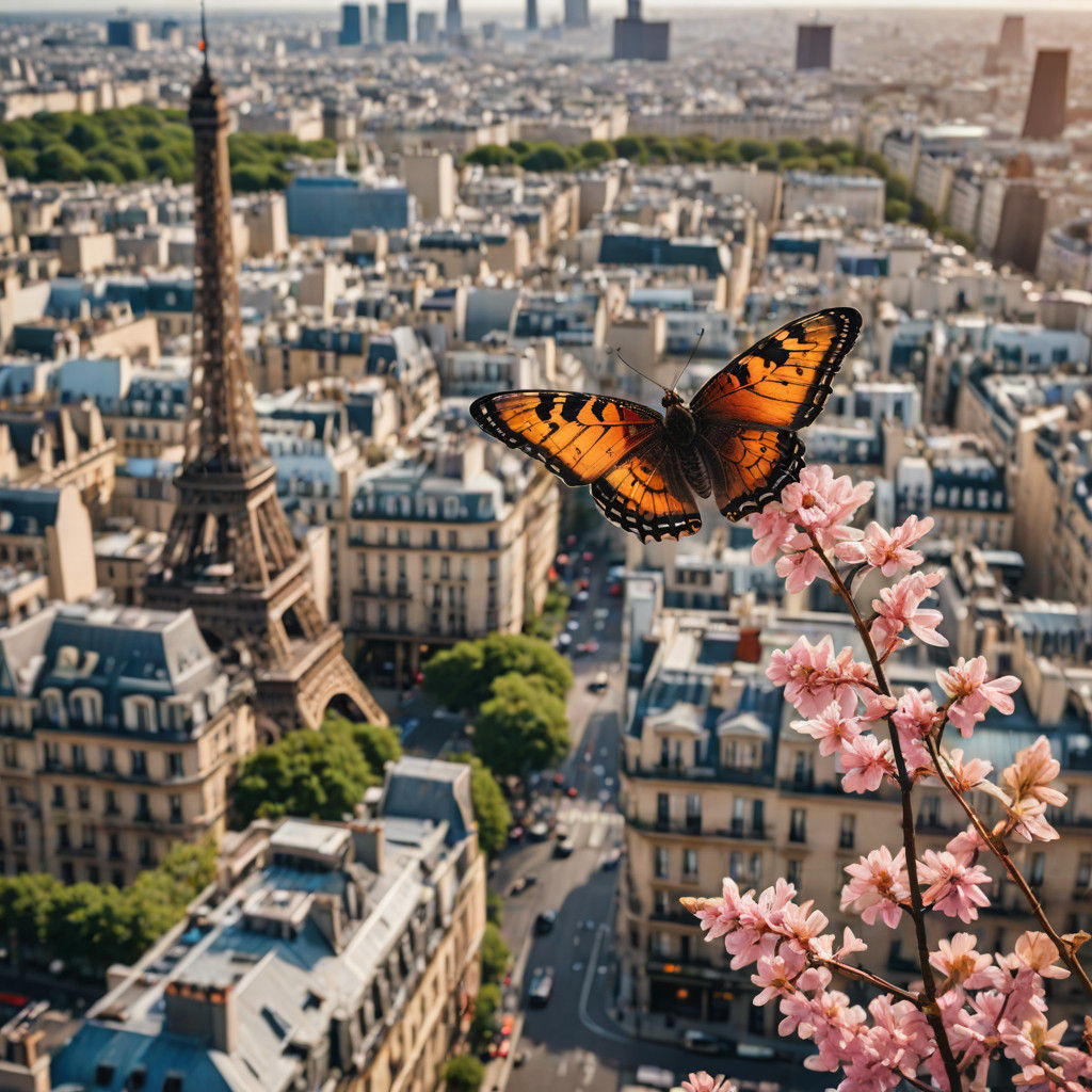 Vibrant Butterfly in Elegant Parisian Sky