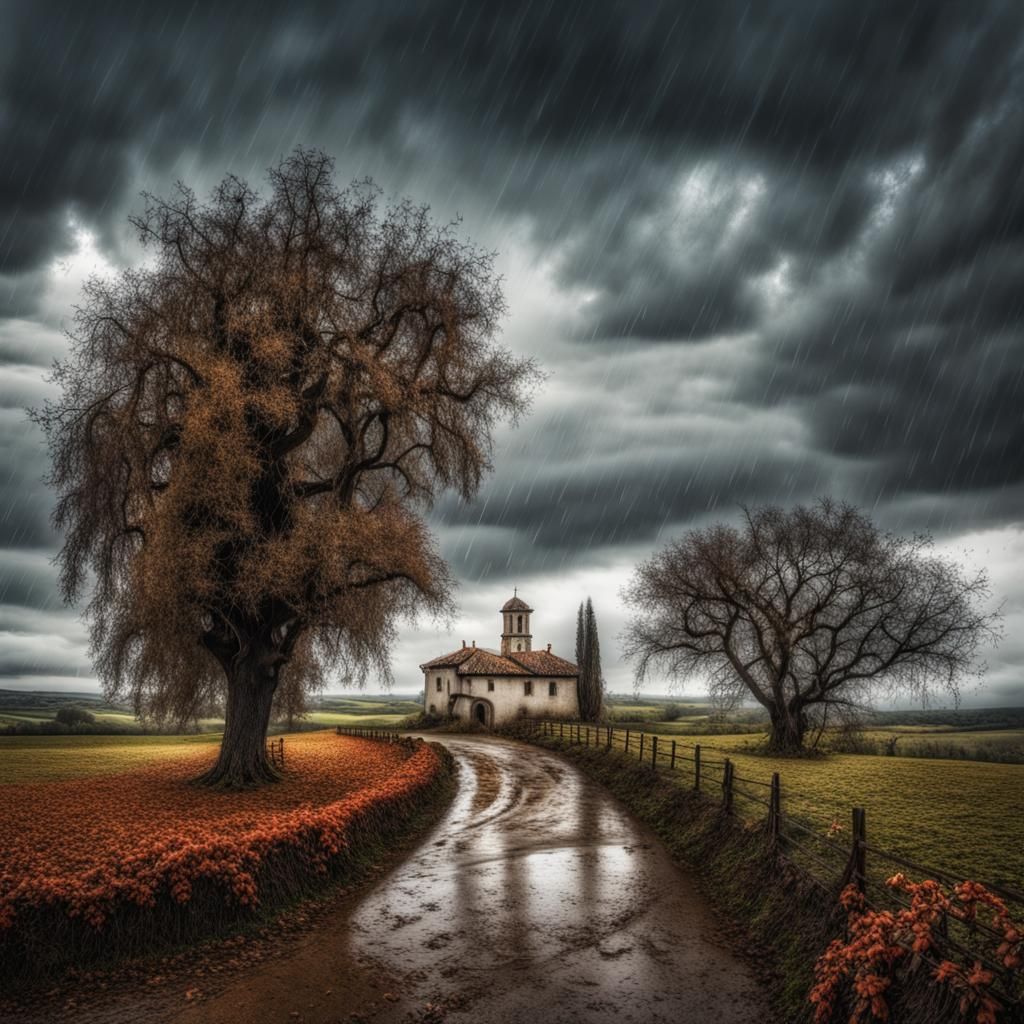 Gloomy Autumn Countryside in Surrealist Style