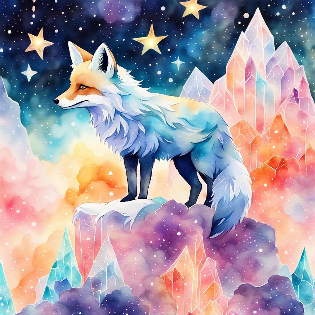 Crystal Fox in Watercolor Galaxy Art