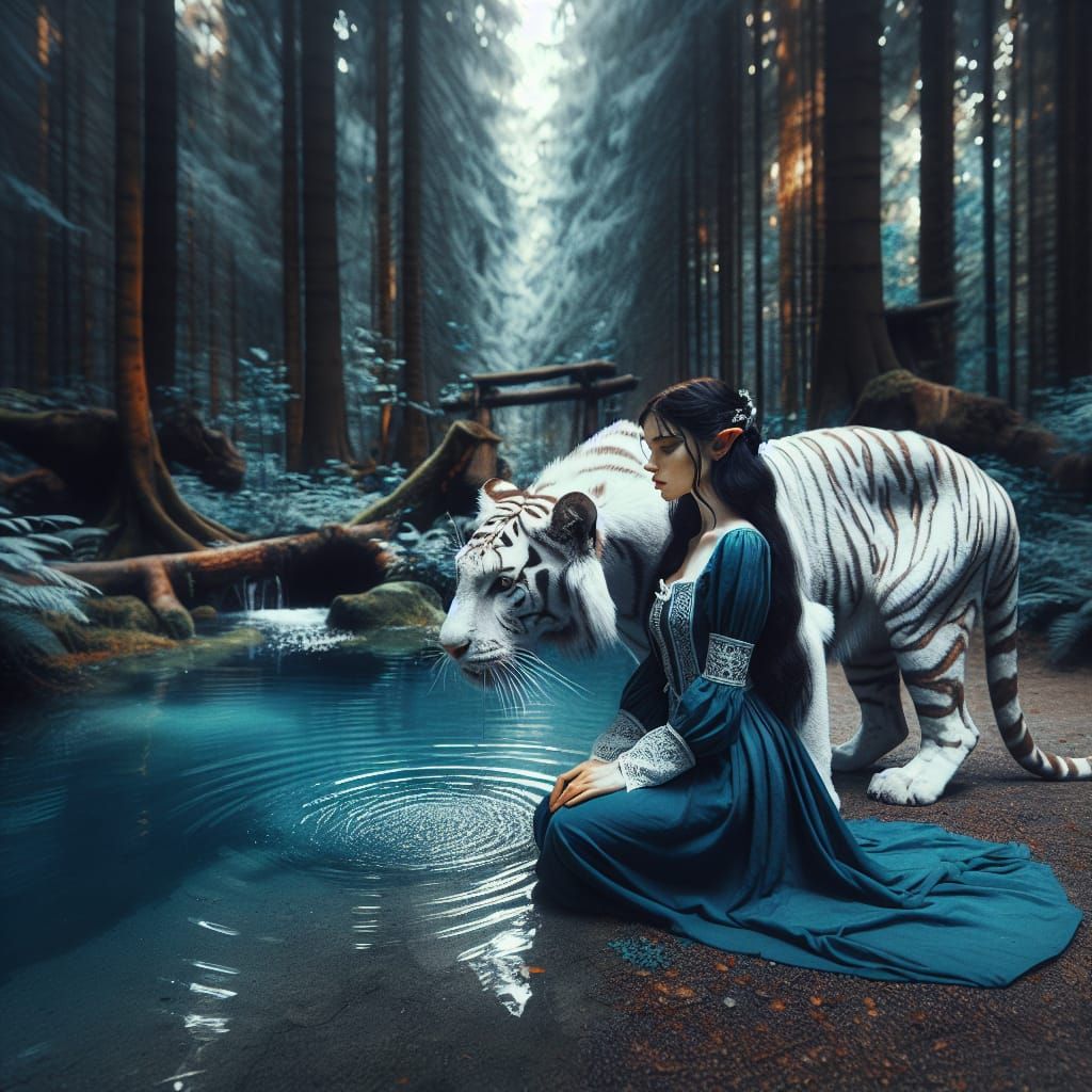 Elven Girl and Tiger by Crystal Pool