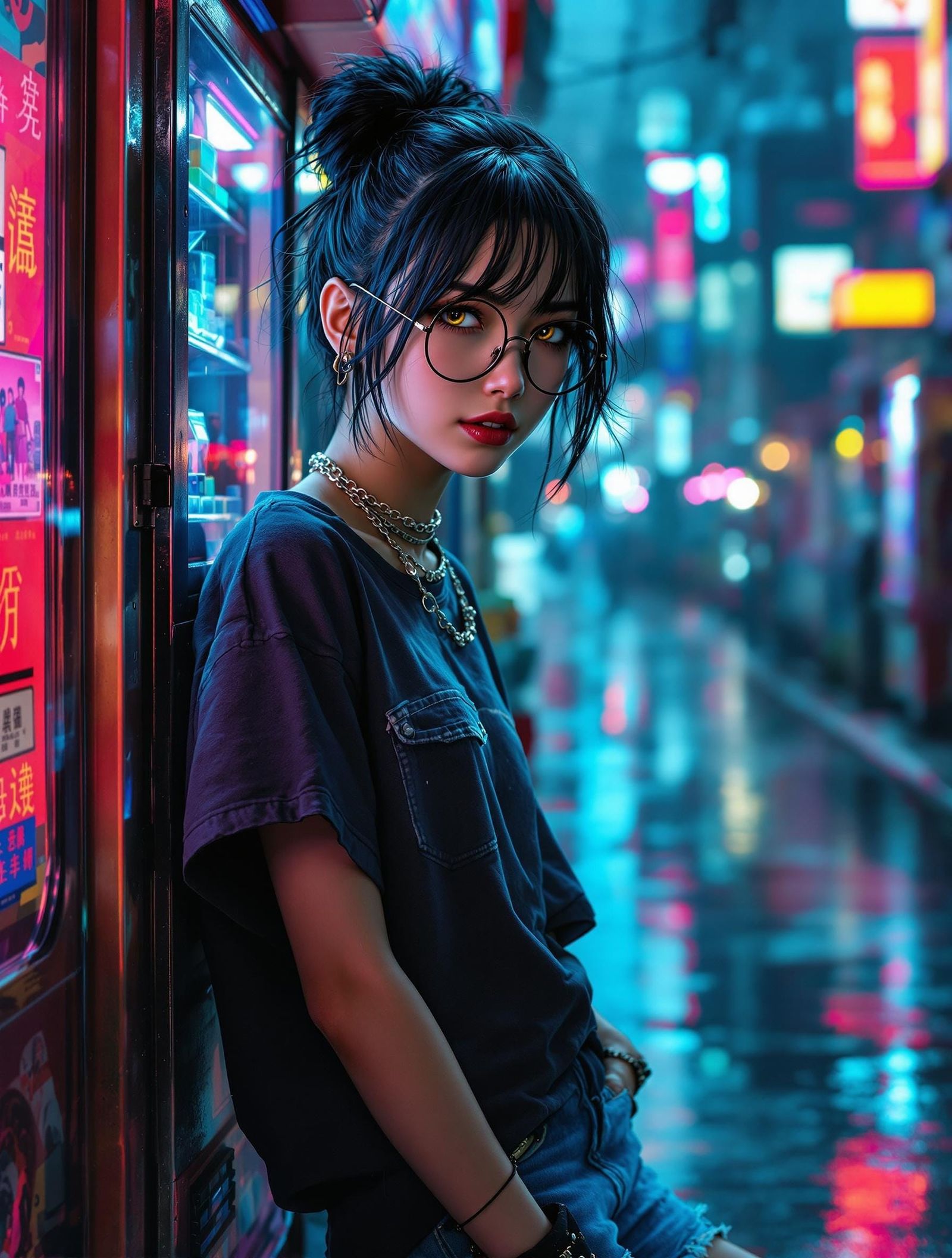Asian Woman in Neon Alley: Painterly Anime Photorealism
