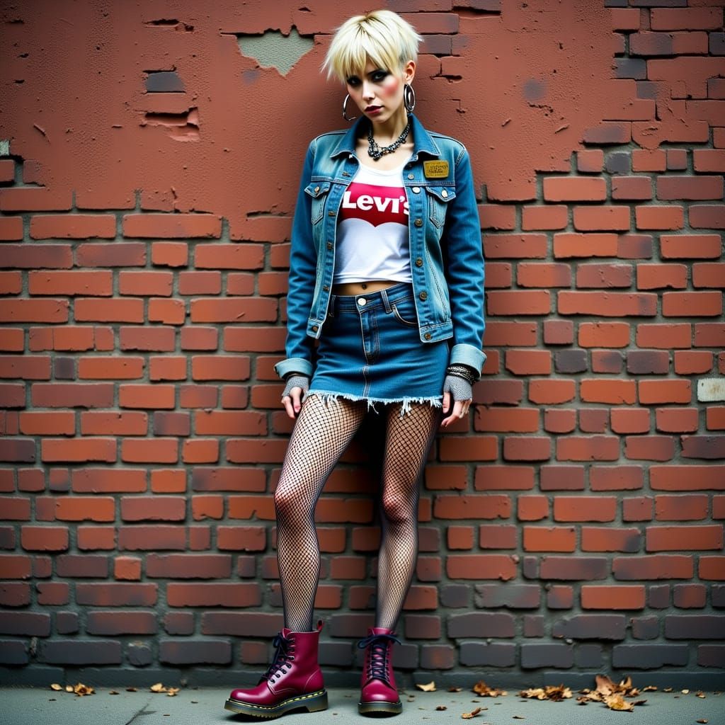 Trashy Punk Style Woman in Denim and Fishnets