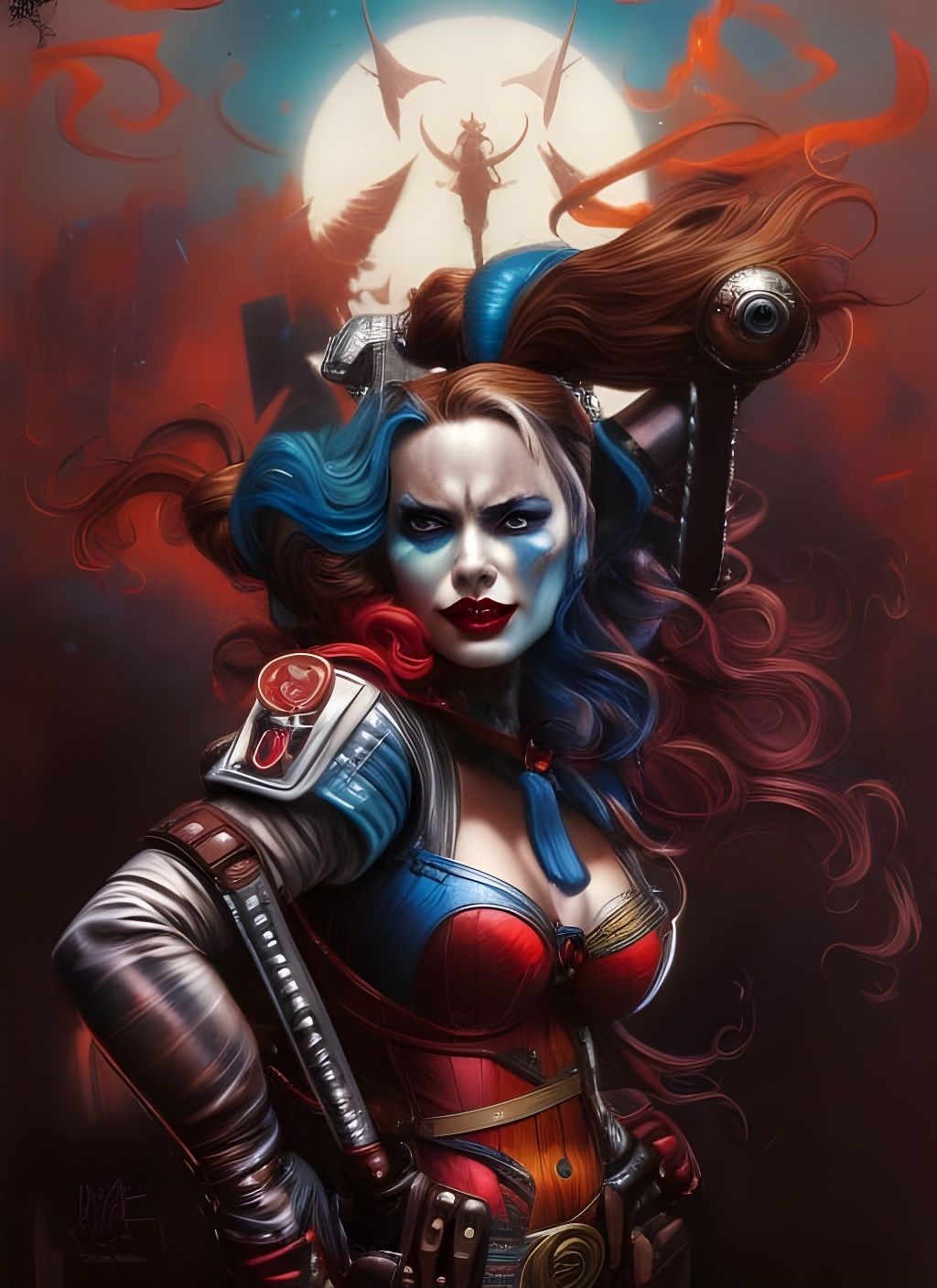 Detailed Crayon Caricature of Harley Quinn in Classic Outfit