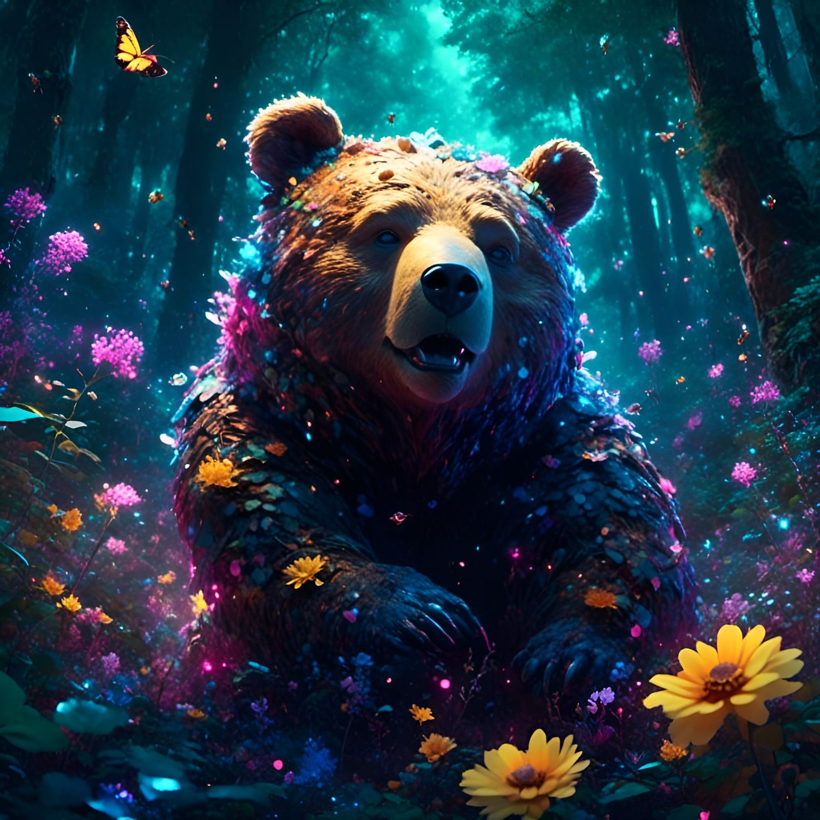 Cute Bear in Dark Forest with Glowing Bees