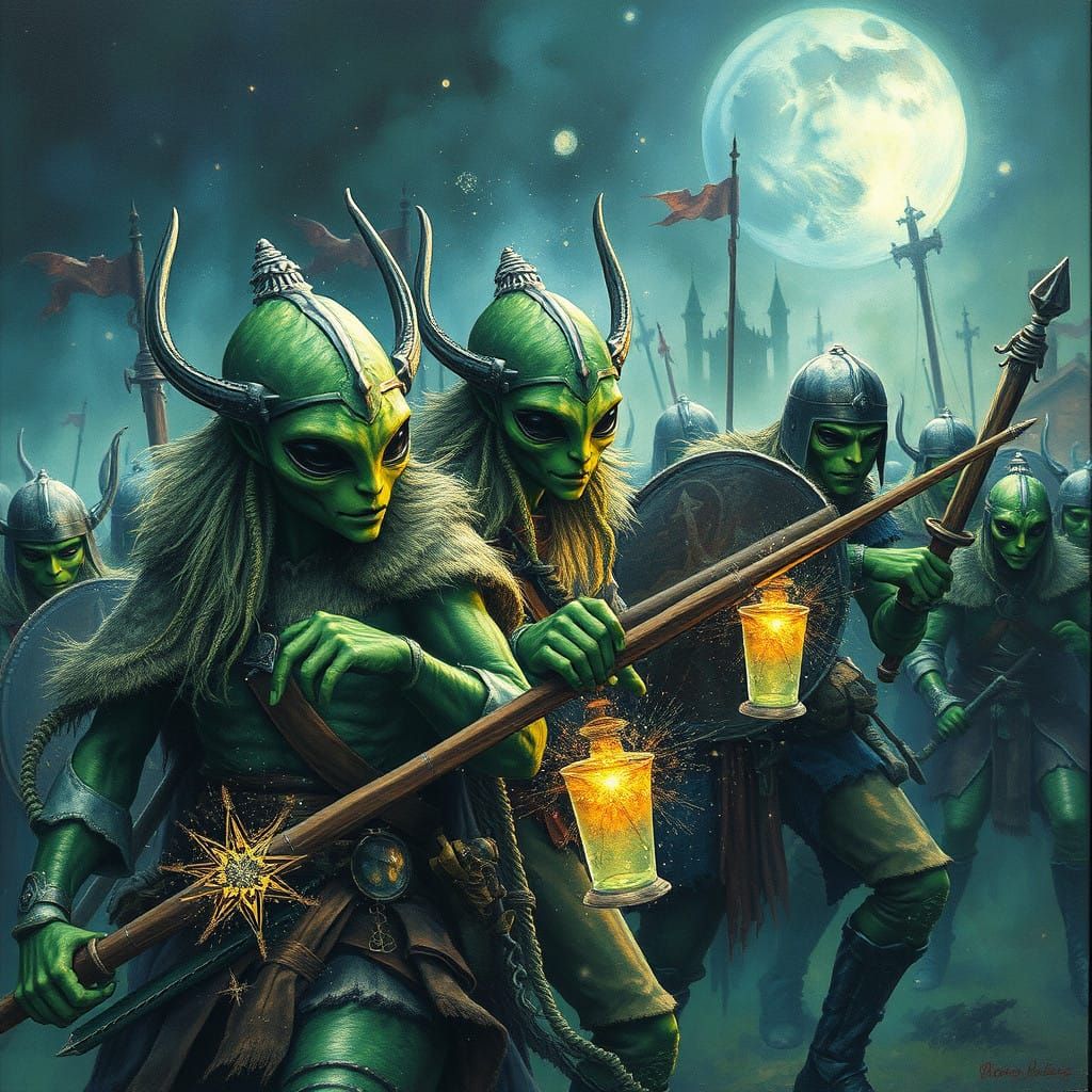 Viking Aliens Pillage Medieval Town in Vibrant, Dreamlike Ar...