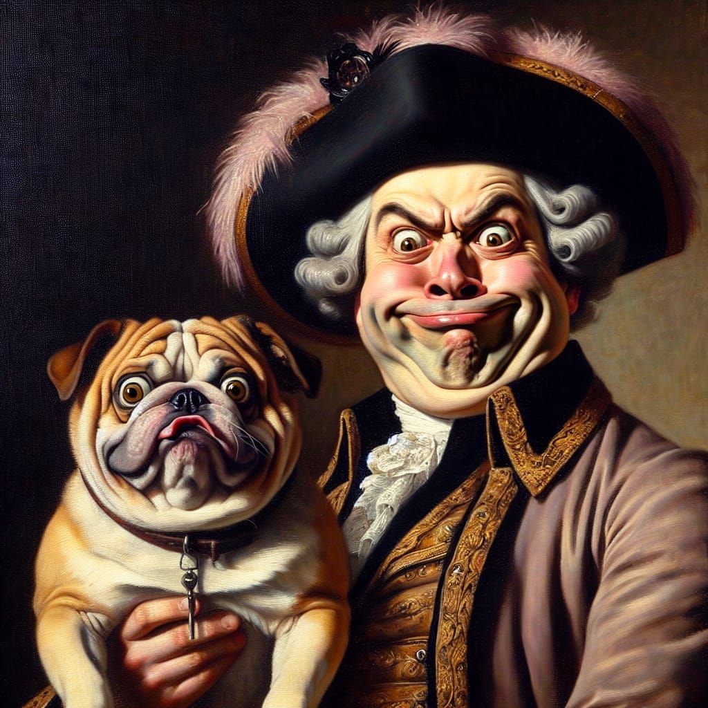Humorous Aristocrat with Dog: Oil Painting