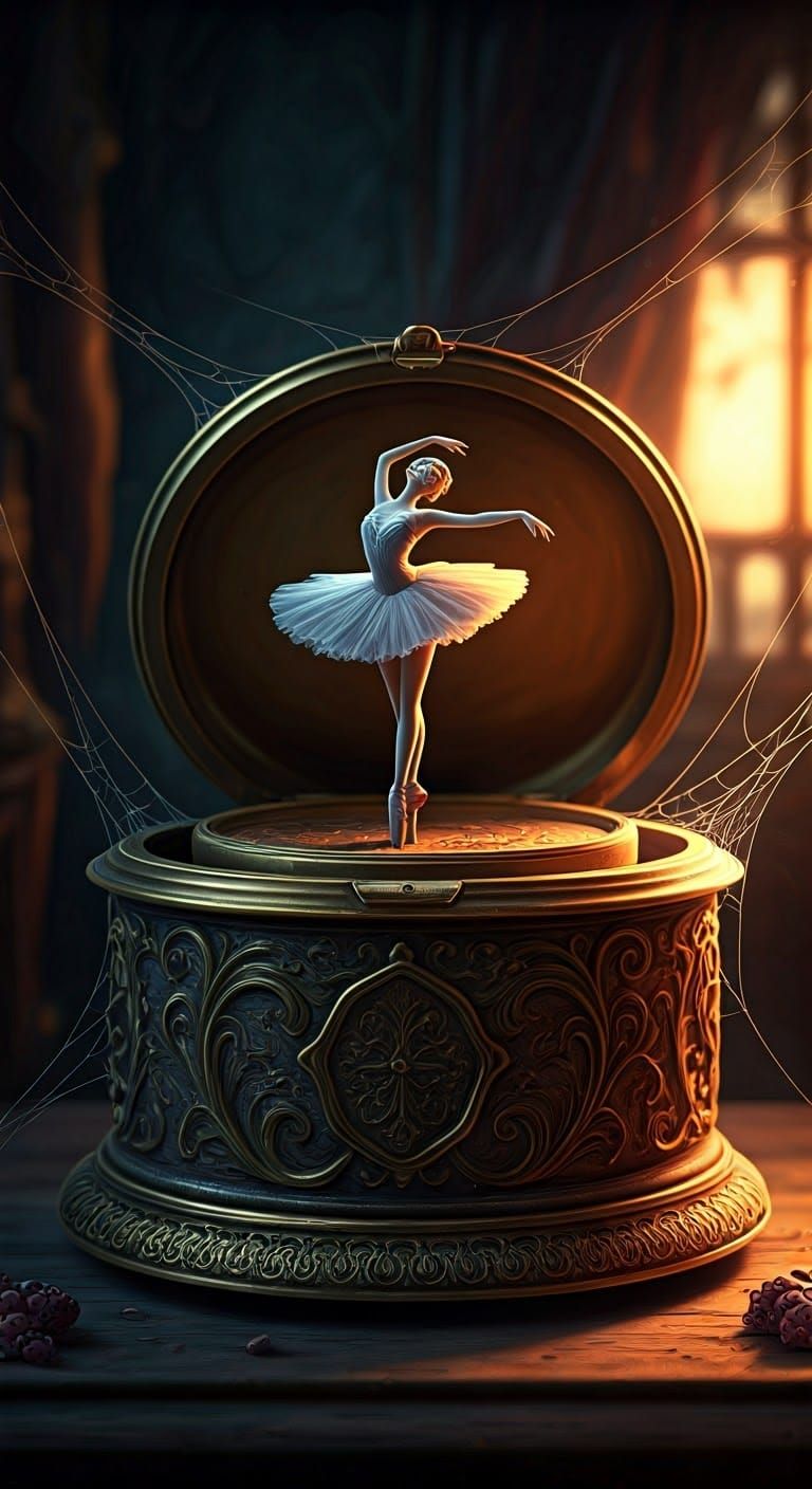 Eerie Music Box with Ballerina in Hyperrealistic Style