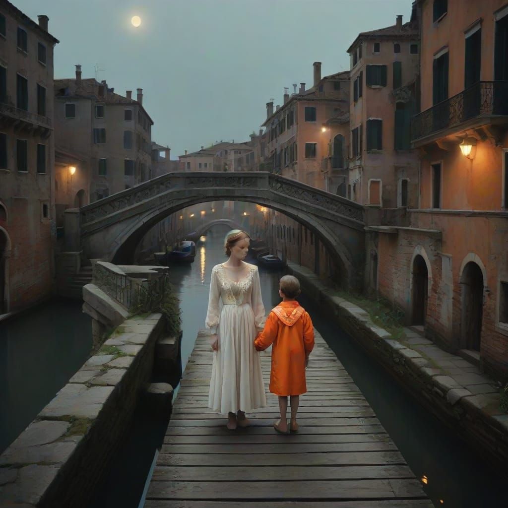 Elegant Woman and Child on a Moonlit Venetian Bridge
