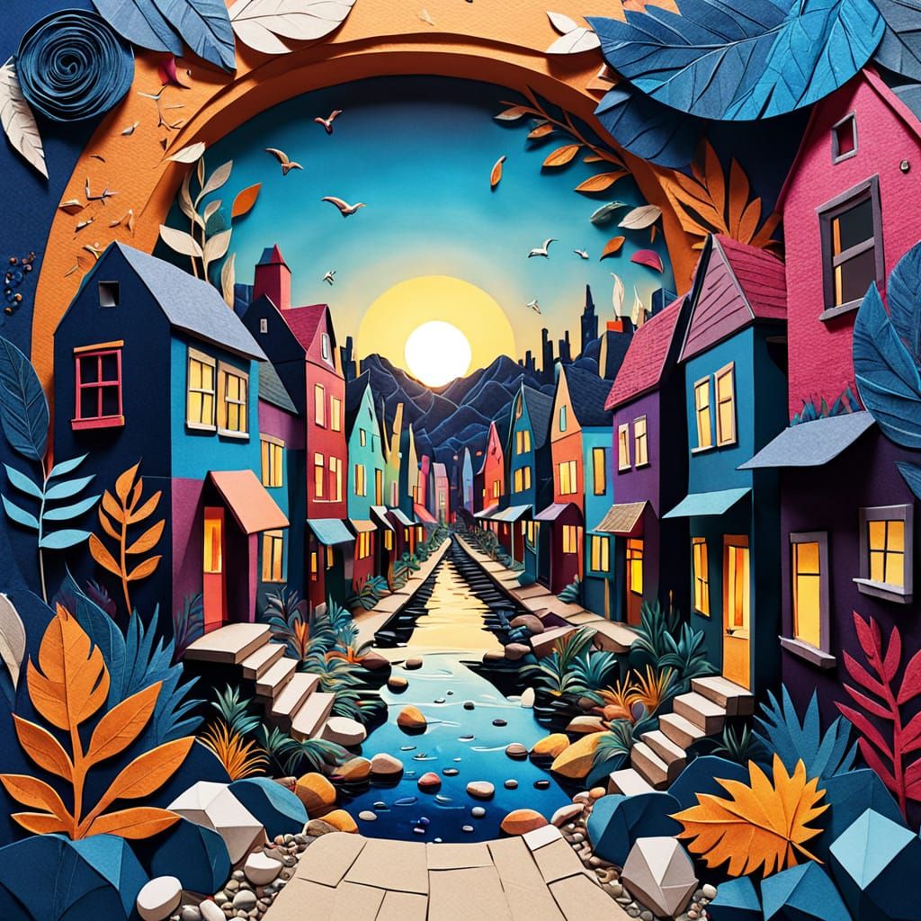 Colorful Summer Cityscape Sunset in Mixed Media Collage