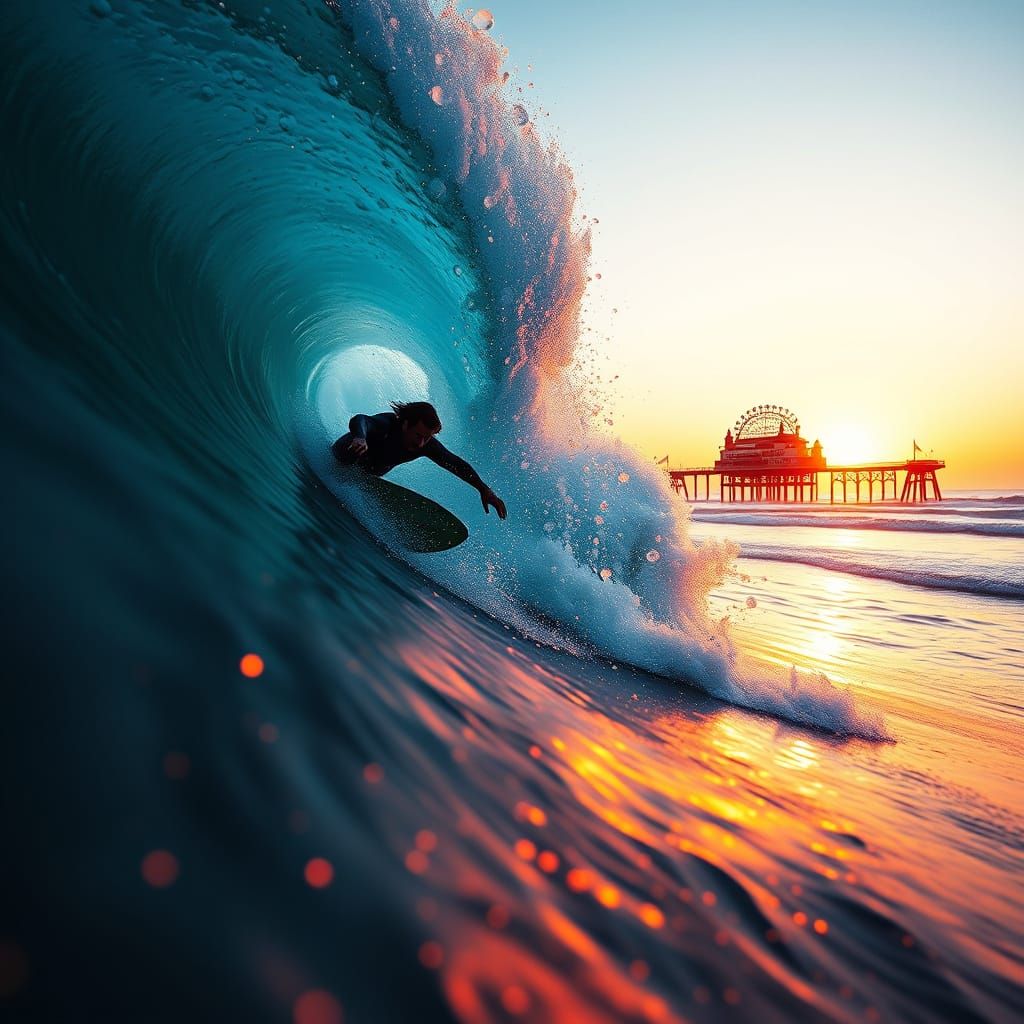 Surfer Rides Wave at Sunset in Synthwave Style