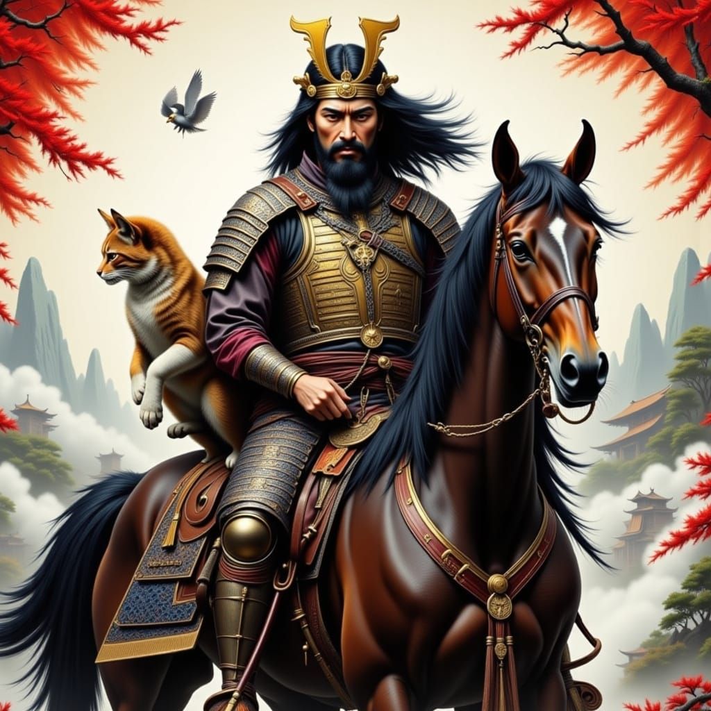 Samurai Warrior with Cat on Horseback