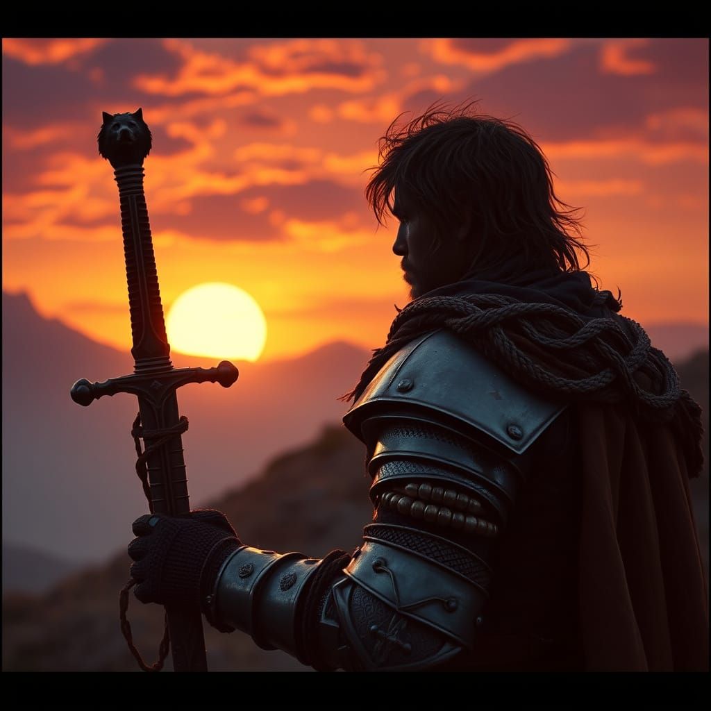 Knight and Wolf Silhouette at Sunset