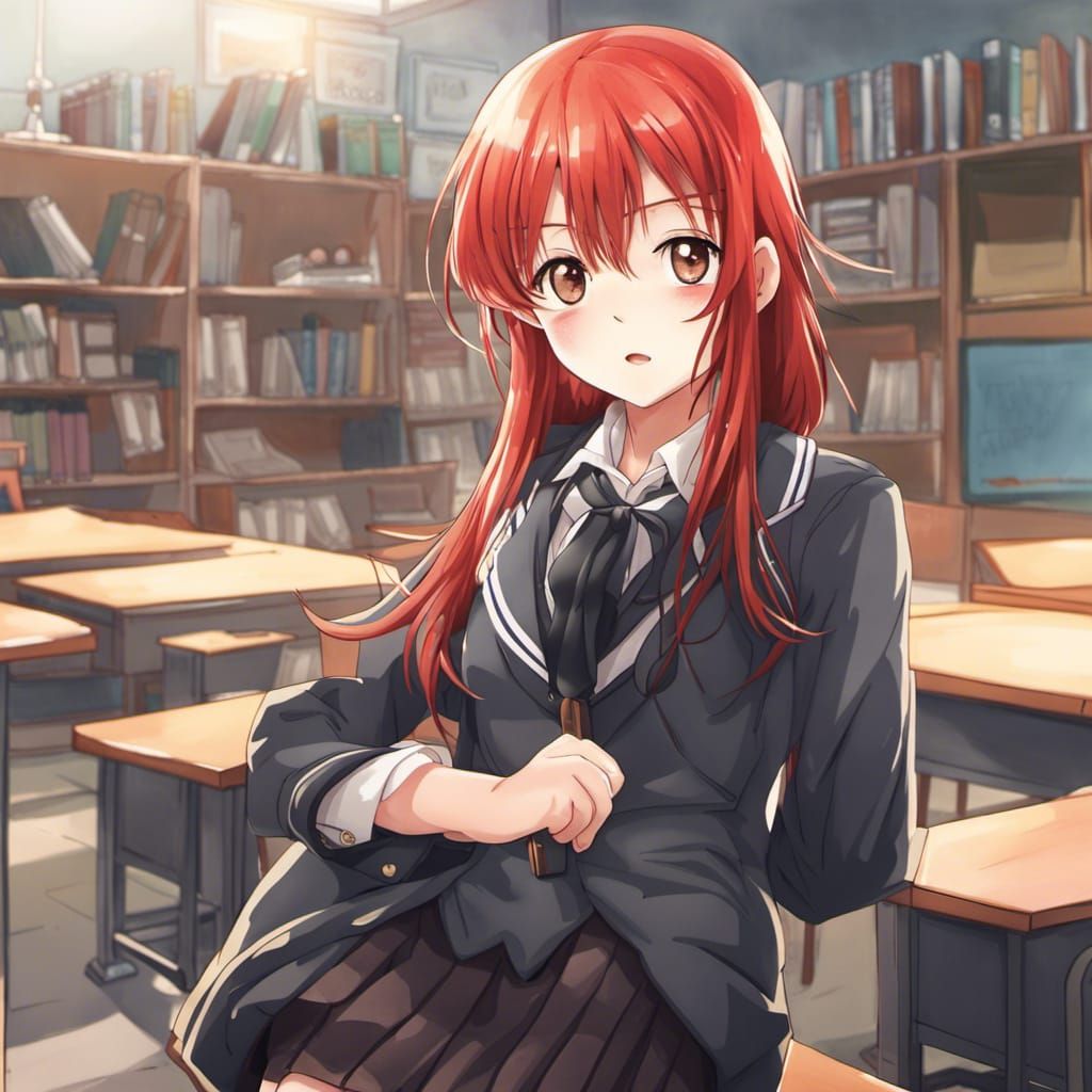 Anime Style: Red Hair Girl in School Uniform