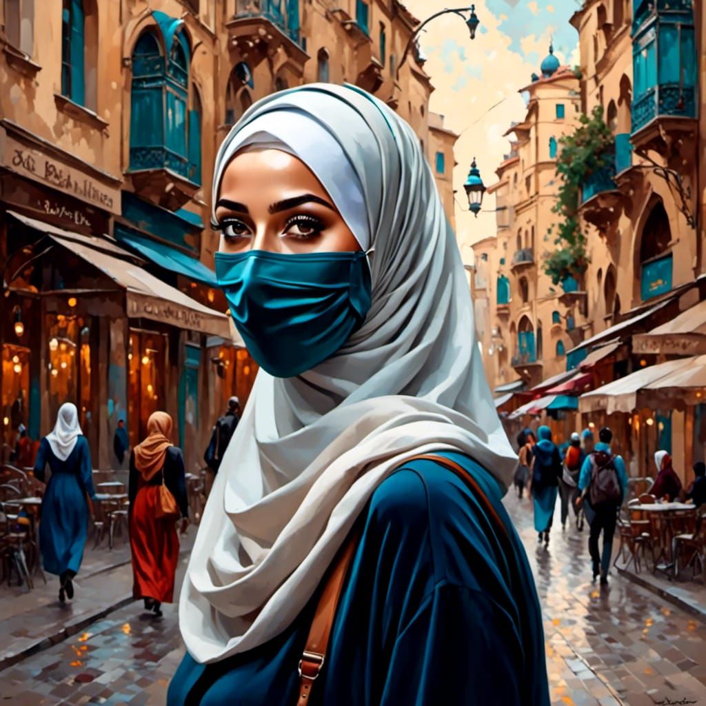 European Student with Hijab and Mask, Oil-Guache Painting