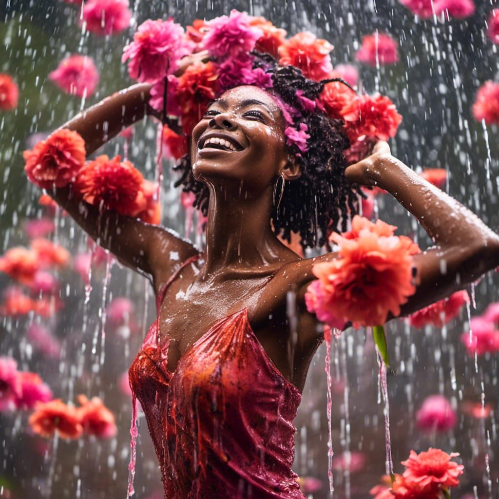 African American Woman in Blossom Shower