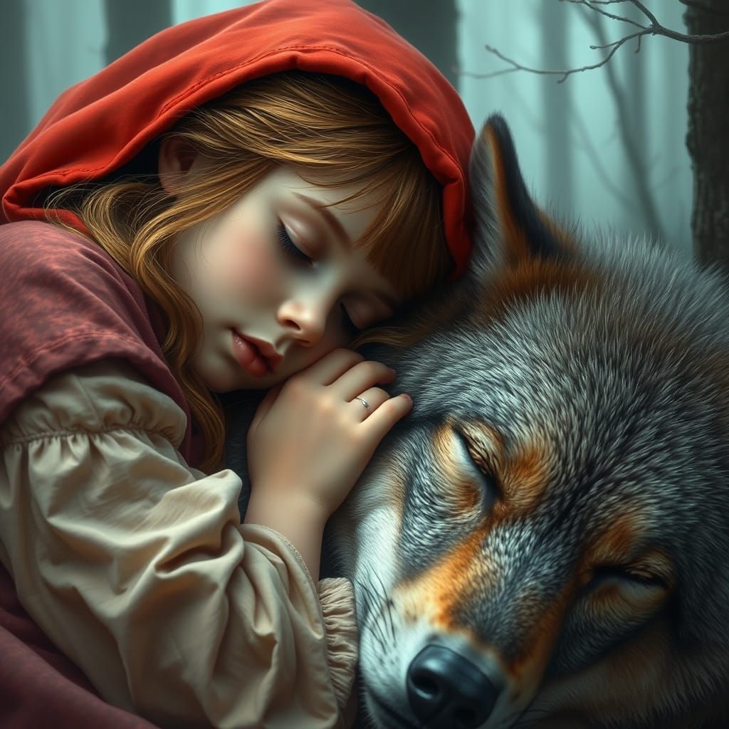 Hyperrealistic Little Red Riding Hood Sleeping with Wolf